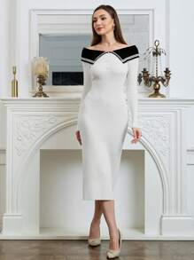 Modelyn Women Off Shoulder Color Block Knit Sweater Dress Fall Cloth For Women - White - View 3