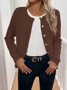 Chiquease 简约圆领单排扣休闲长袖开衫 - 巧克力棕 - 查看 7