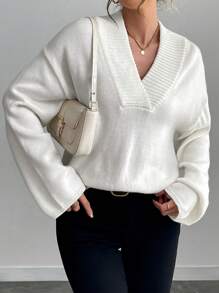 SHEIN LUNE 1 Stück Damen Weiß Lässig V-Ausschnitt Wollpullover, geeignet für Herbst/Winter