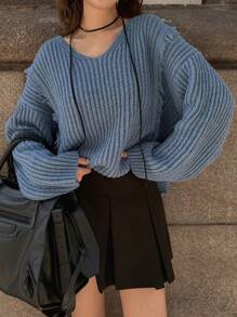 FRIFUL Women Solid V-Neck Drop Shoulder Long Sleeve Fuzzy Patchwork Loose Sweater, Autumn/Winter