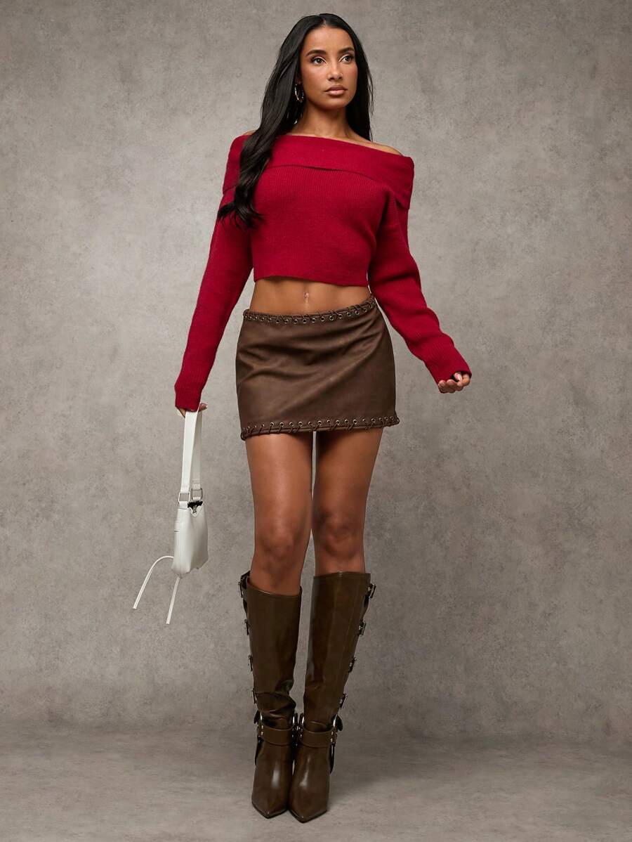 SHEIN BAE Women's Chocolate & Brown Color Vintage Washed Artificial PU Leather Metal Eyelet Embellished Lace-Up Mini Skirt, Versatile For Fashion Outings, Festivals, Christmas, Thanksgiving , Fall Skirt, Low Waist, Casual Skirt, PU Leather - Brown - View 1