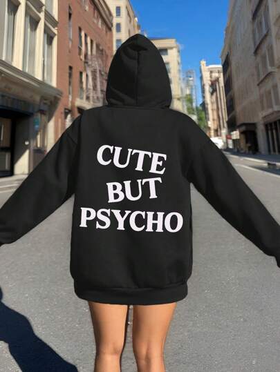 Muchica Casual Simple "Cute But Psycho" Graphic Print Loose Hoodie For Women Back To School Fall And Winter Clothing Autumn And Winter