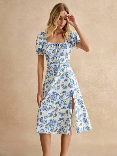 SHEIN Frenchy Floral Print Knot Front Puff Sleeve Split Thigh Milkmaid Dress Summer Vacation Flower Blue Beach