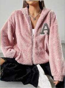 SHEIN Tween Girls Casual And Versatile Fuzzy Letter Print Hooded Jacket, Perfect For Winter Wear,In Fall, And Winter - Pink - View 1