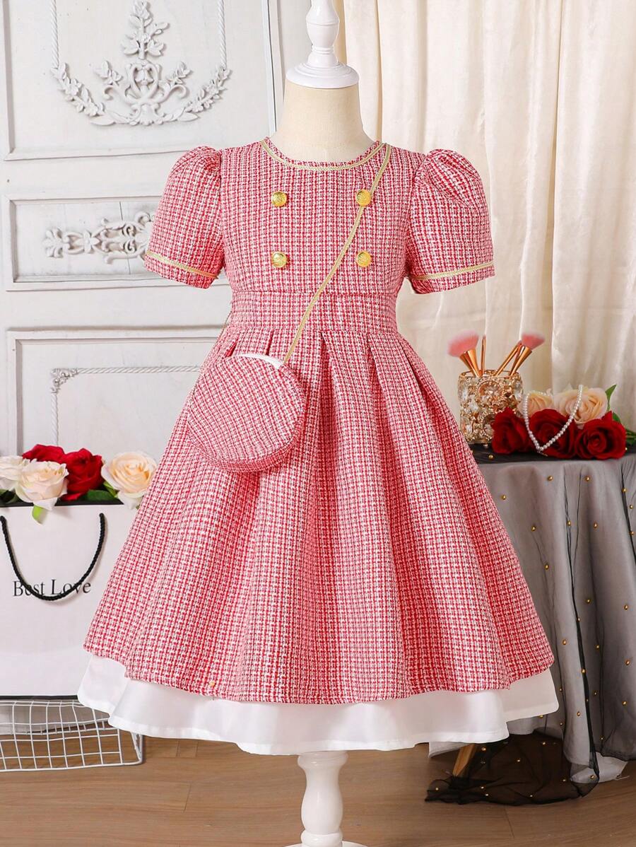 SHEIN Young Girl Christmas Elegant Flared Dress With Red & White Fabric, Short Puff Sleeves, Braided Trim, Front Metallic Buttons, Contrast White Hem Panels, Round Bag Attached