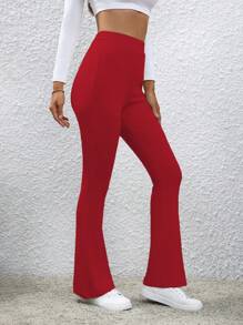 SHEIN LUNE Women Elegant Solid Color Slim Fit Flare Pants For New Year Clothes - Red - View 4