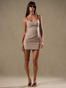 MUSERA Structured Contrast Seam Mini Dress Old Money Spring Elegant Holiday Cute Spring Summer Ibiza Beach Rave Festival Night Out Date Night Birthday - Camel - View 3