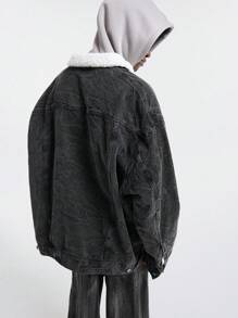 Manfinity VCAY Men's Plain Front Button Long Sleeve Simple Casual Woven Dark Cotton Denim Jacket - Grey - View 3