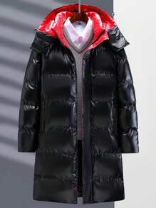 Manfinity Hypemode Men's Contrast Color Patchwork Front Zipper Long Sleeve Casual Hooded Padded Coat, Going Out Casual Quilted Winter Coat, For Friends, Husband, Boyfriend Gifts