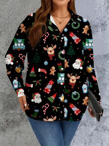 EMERY ROSE Camisa holgada de manga larga con cuello vuelto y botones, con estampado de renos y copos de nieve, en estilo casual para otoño/invierno, tallas grandes para mujeres