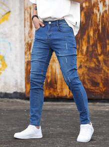 Manfinity Homme 大码男士破口袋休闲牛仔裤，修身纯色深色牛仔裤长款海军蓝洗水工装牛仔裤，适合送给老公、男朋友的礼物 - 中等水洗藍 - 查看 1