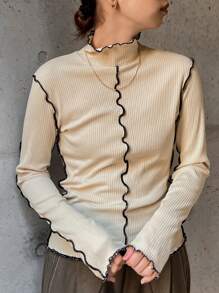 FRIFUL 女士休闲撞色滚边立领T恤，秋冬夏季长袖保暖内衬上衣