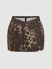 SHEIN MOD Jeans-Minirock in Große Größen, taillierte Linie mit V-förmigem Leopardenmuster, Lässig