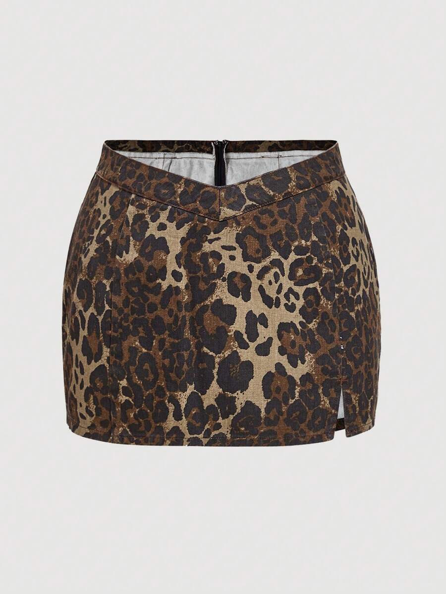 SHEIN MOD Jeans-Minirock in Große Größen, taillierte Linie mit V-förmigem Leopardenmuster, Lässig