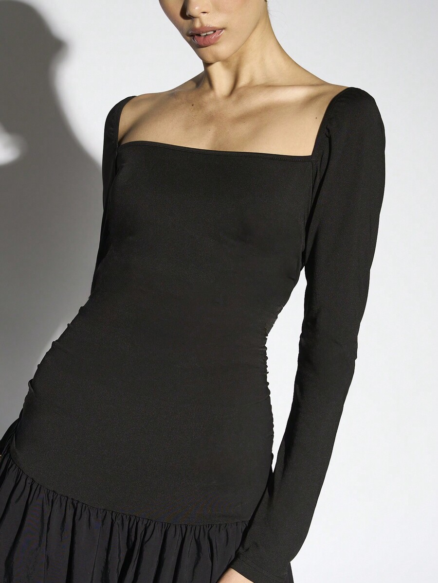 AiiRZ Square Neck Long Sleeve Drop Waist Bubble Hem Maxi Dress SHEIN EUR