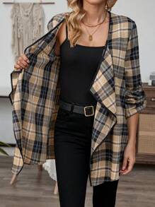 EMERY ROSE 女式格子印花翻领卷袖休闲夹克