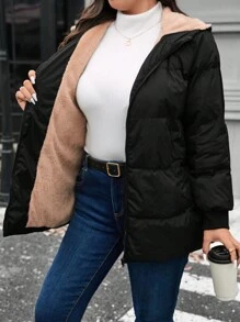 SHEIN LUNE Abrigo acolchado con cremallera frontal con capucha de unicolor de manga larga para mujer talla grande, conjunto de ropa de invierno térmica para vacaciones