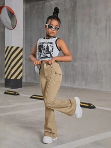 SHEIN Tween Girl Y2K Fashion Retro Style Flap Detail Seam Detail Denim Flare Leg Jeans , Fall Clothes Back To School - Army Green - View 3