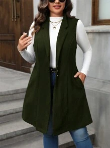SHEIN LUNE Plus Size Solid Color Front Button Sleeveless Notched Collar Pocket Minimalist Casual Overcoat, Winter