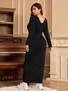 SHEIN EZwear Plus 纯色 V 领紧身连衣裙长裙，适合冬季 - 黑色 - 查看 2