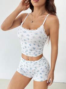 SHEIN PETITE Women's Summer Casual Ditsy Floral Ruched Slim Fit Spaghetti Strap Mini Shorts Two Pieces Set