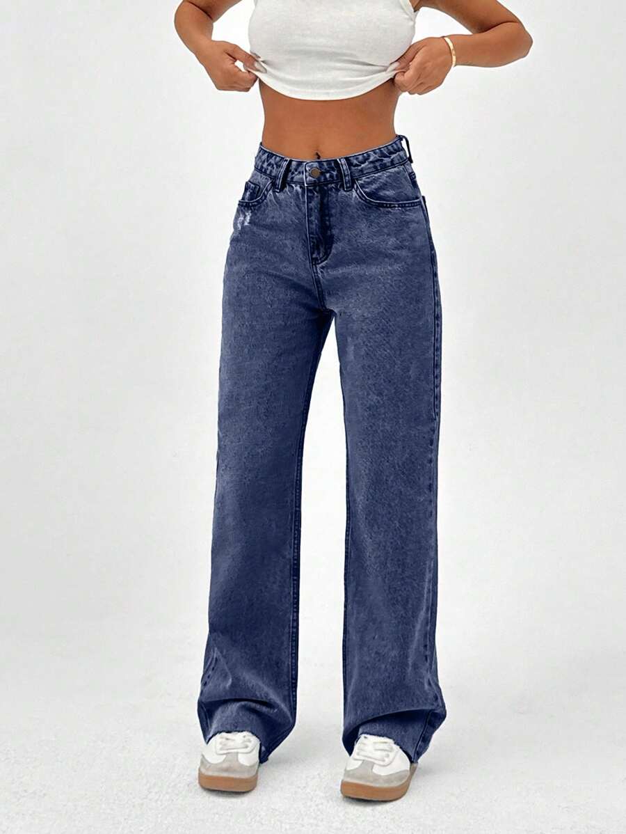 Cottnline Jean azul claro de corte recto y tiro alto 100% algodón con efecto desgastado de mujer - Azul lavado oscuro - Ver 1