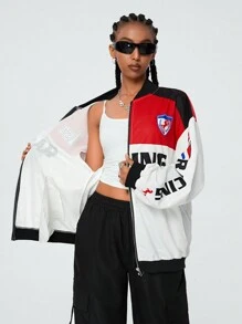 Coolane Veste bomber tendance pour femmes avec graphique lettrage et bord rayé à épaules tombantes