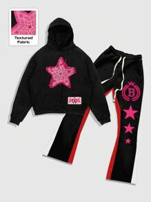 ROMWE MEN Street Life 2pcs/Set Men's Street Graphic Print Sweatshirt And Sweatpants Tracksuit - Black - View 1