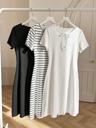 3pcs Set Of Black & White Striped Dress And Black Dress Outfits