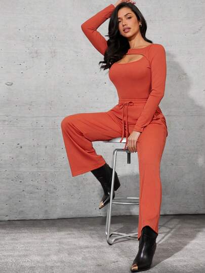 Denimoi 2pcs Women Casual Solid Color Hollow Out Long Sleeve Top And Long Pants Set,Winter/Fall Everyday Wear, Going Out,Winter Clothes For Women