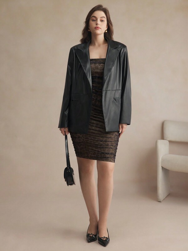 BizChic Plus Size Women Loose Fit Elegant PU Leather Blazer Jacket For Work