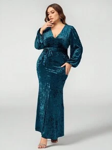 SHEIN Belle Velvet Plus Size Christmas V-Neck Cinched Waist Velvet Lantern Sleeve Dress, Elegant For Autumn/Winter High-Quality Sequin V-Neck Long Sleeve Slit Sleeve Fitted Plus Size Mother Of The Bride Formal Evening Gown Dress (Deluxe Edition), Prom Dress, For Wedding Guest, Graduation, Dinner