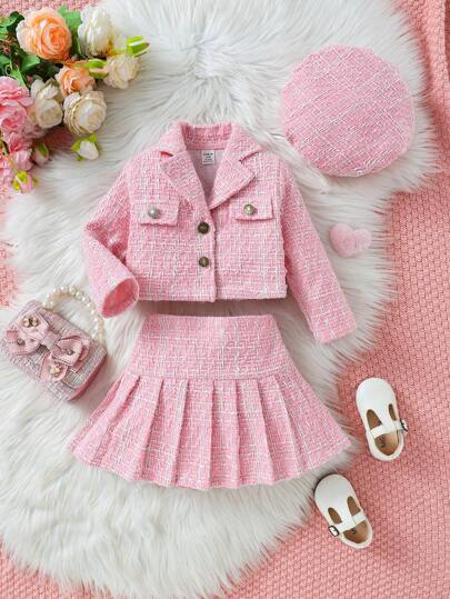 3pcs Set Baby Girls Barbie Pink Tweed Jacket, Pleated Skirt & Beret Hat