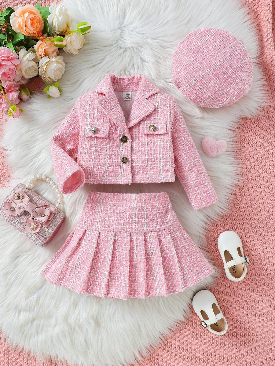 SHEIN 3pcs Set Baby Girls Barbie Pink Tweed Jacket, Pleated Skirt & Beret Hat - Pink - View 1