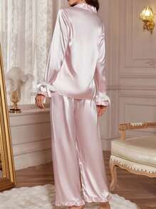 LuxeNights 1 Set de Pijama de Manga Larga con Diseño de Puños y Pantalones en unicolor de Seda Artificial, para Vacaciones