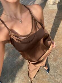 DAZY 女士优雅纯色露背上衣和裙子两件套 - 棕色 - 查看 7