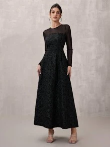 Poshira 1 Stück Damen elegantes Jacquardkleid mit raffender Taille, Mesh-Applikation und A-Linie Silhouette, Langarm, halbtragbar für Abschlussball, Hochzeitsgast, Abschlussfeier, Party - Schwarz - Übersicht 4