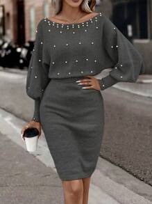 SHEIN Clasi Elegant Pearl Embellished Bell Sleeve Sweater Dress, Autumn/Winter