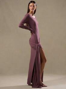 MUSERA Vestido largo de manga larga con frente drapeado, elegante para primavera, verano y fiestas - Marrón - Ver 2