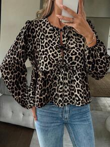 SHEIN PETITE Casual Leopard Print Button Up Tie Waist Ruffle Hem Shirt For Women, Autumn/Winter Peplum Top Fall Cloth For Women