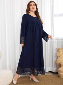 Al Najma 海军蓝蕾丝拼布荷叶边下摆大码连衣裙，朴素休闲 A 字形长裙，适合日常休闲