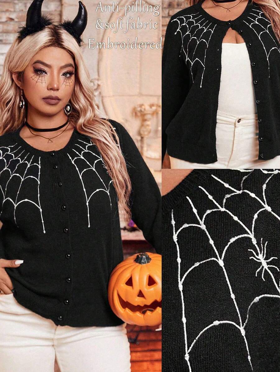 SHEIN CURVE+ 大码女式黑白蜘蛛刺绣针织开衫，适合万圣节、新年、情人节、感恩节、圣诞节、复活节、国庆节、舞会之夜，适合冬季 - 黑色 - 查看 1