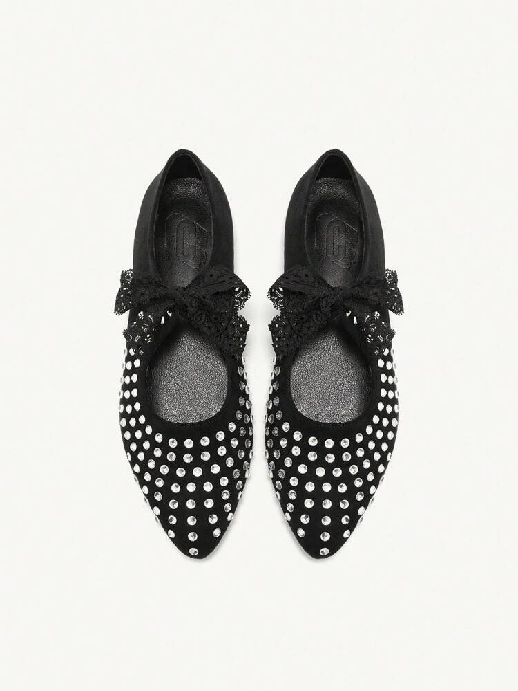 CUCCOO CHICEST Women's Pointed Toe Rhinestone Lace-Up Black Flat Loafers Valentines