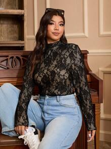 SHEIN EZwear Plus Size High Neck Black Lace Long Sleeve Sheer Look T-Shirt