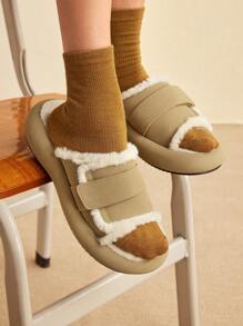 CUCCOO EASI Sandalias deslizantes con plataforma de peluche a la moda y todo a juego para mujeres, otoño e invierno - Caqui - Ver 1