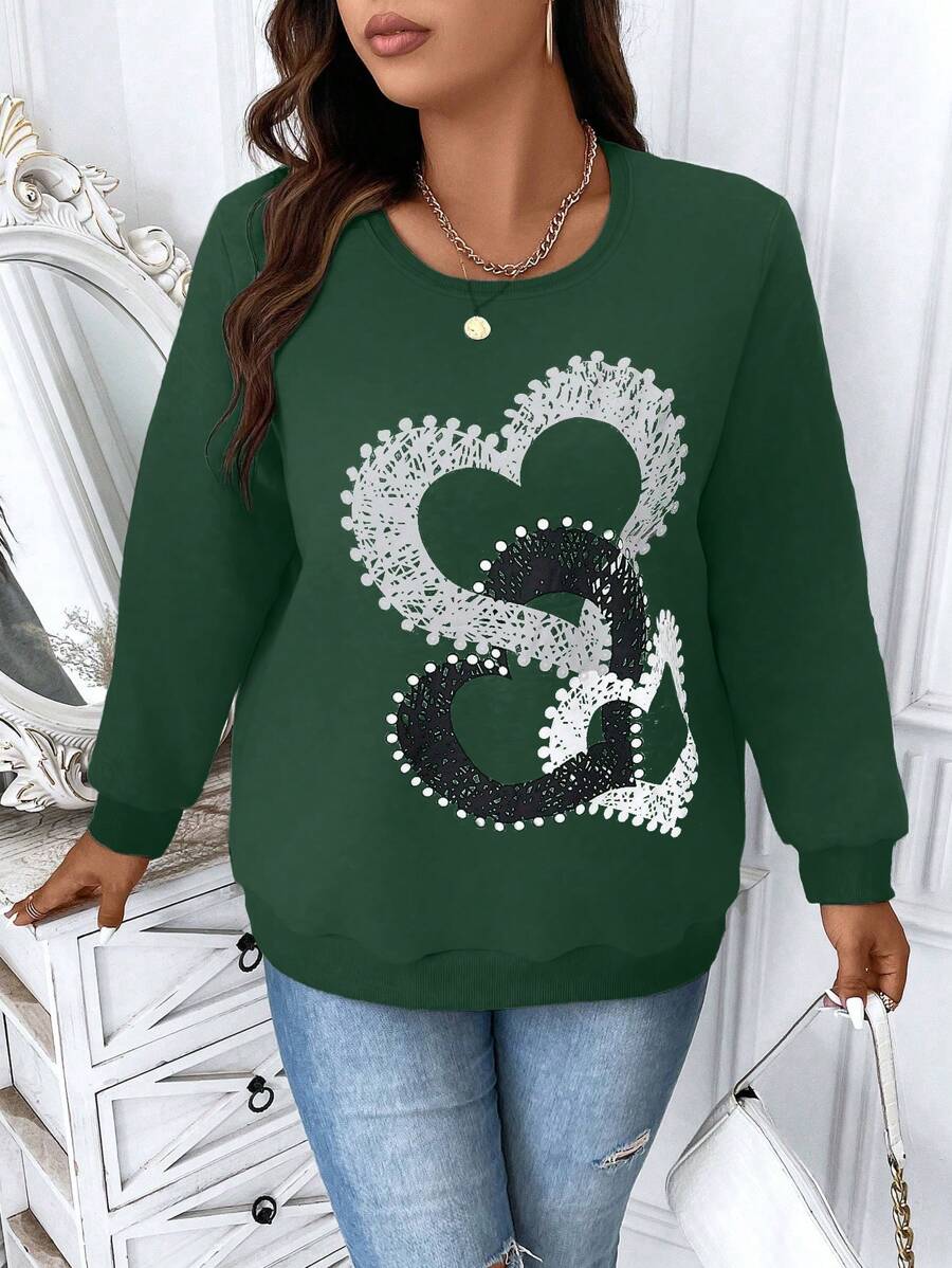 Calvaya Plus Size Crew Neck Long Sleeve Heart Print Minimal Sweatshirt, Casual Daily Wear Pullover Fall - Dark Green - View 1