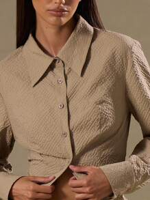 MUSERA Textured Long Sleeve Open Hem Button Up Shirt Vacation Spring Summer Casual - Khaki - View 4