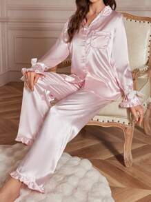LuxeNights 1 Set de Pijama de Manga Larga con Diseño de Puños y Pantalones en unicolor de Seda Artificial, para Vacaciones
