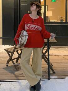 DAZY Damen Rundhals Langarm Buchstaben Muster Minimalistischer Lässiger Loser Pullover Herbst, Winter, Weihnachten, Neujahr