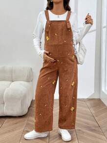 SHEIN 孕妇灯芯绒刺绣长款直腿连体裤 - 彩色 - 查看 5